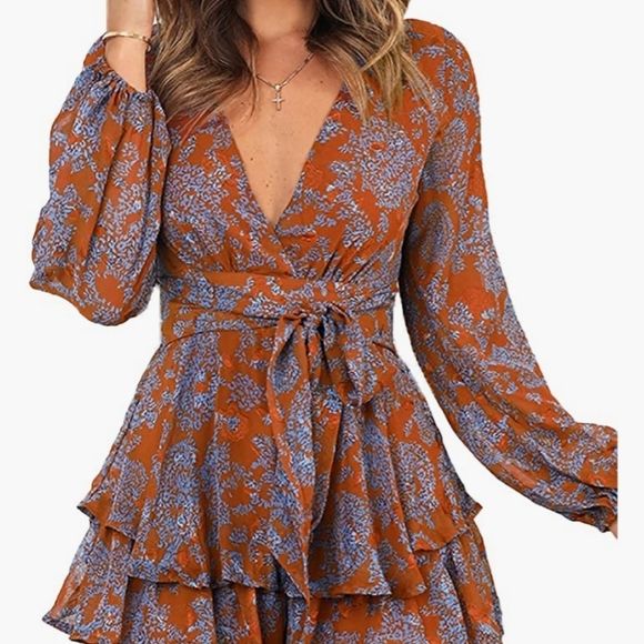 🔥 Women's Jumpsuit Floral Print V Neck Baggy Sleeve Waist Tie Double Layer - Picture 2 of 6